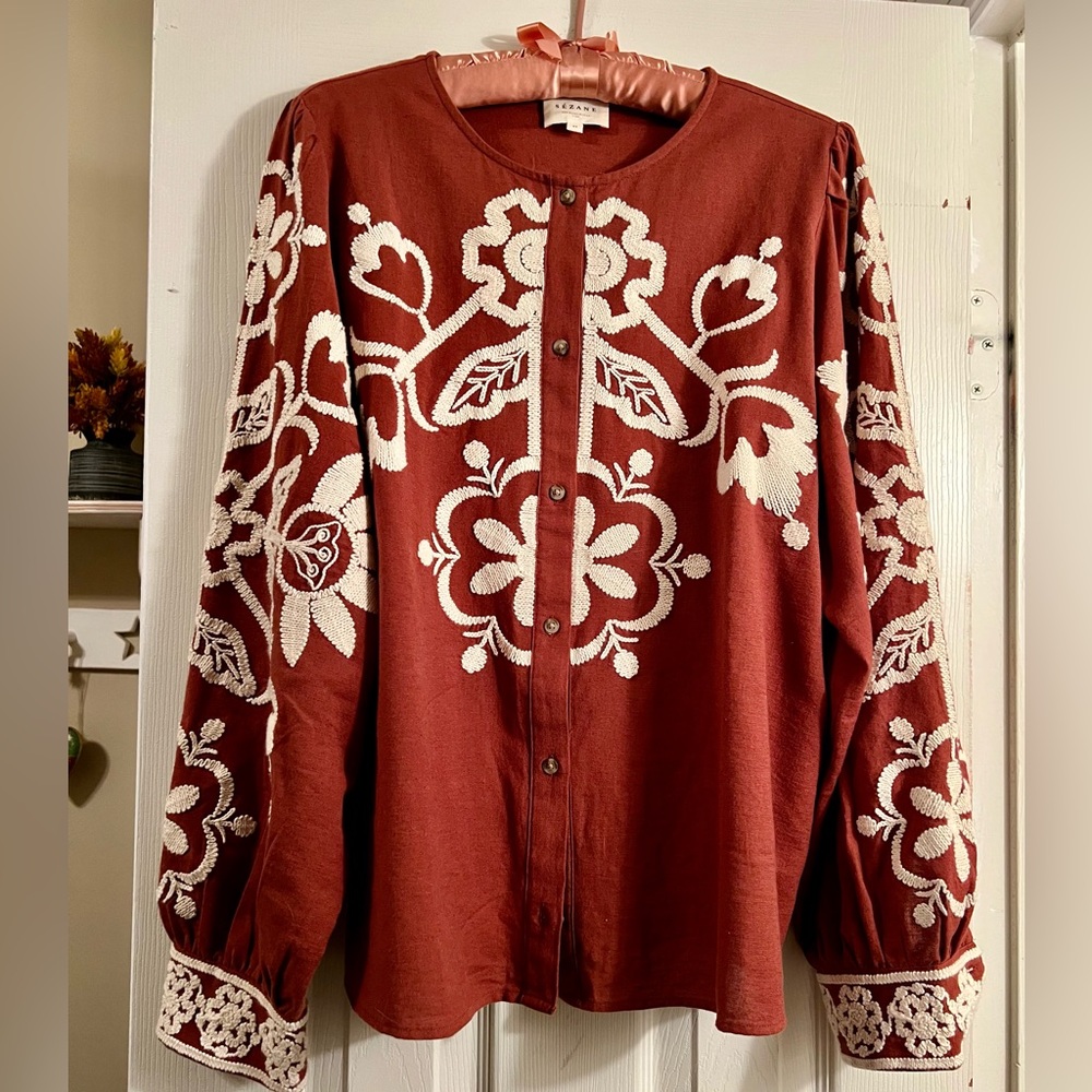 Sezane Rust and Cream Floral Embroidered Top